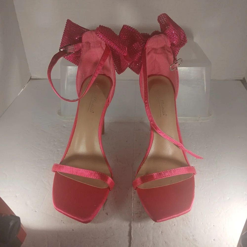 Anne Michelle Stiletto Sandals 8.5 Pink Rhinestone Bow Square Toe Barbiecore